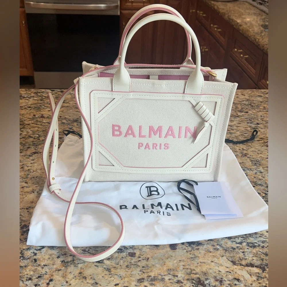 Authentic Balmain Paris Small B-Army Tote White Canvas Pink leather trim logo.