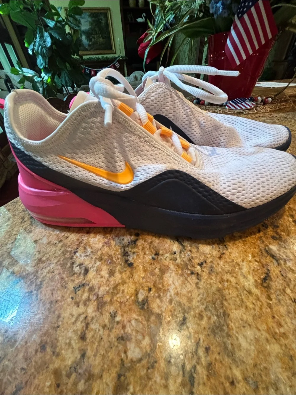 Nike White Mesh Sneakers with Pink Tabs & Yellow Lace Loops