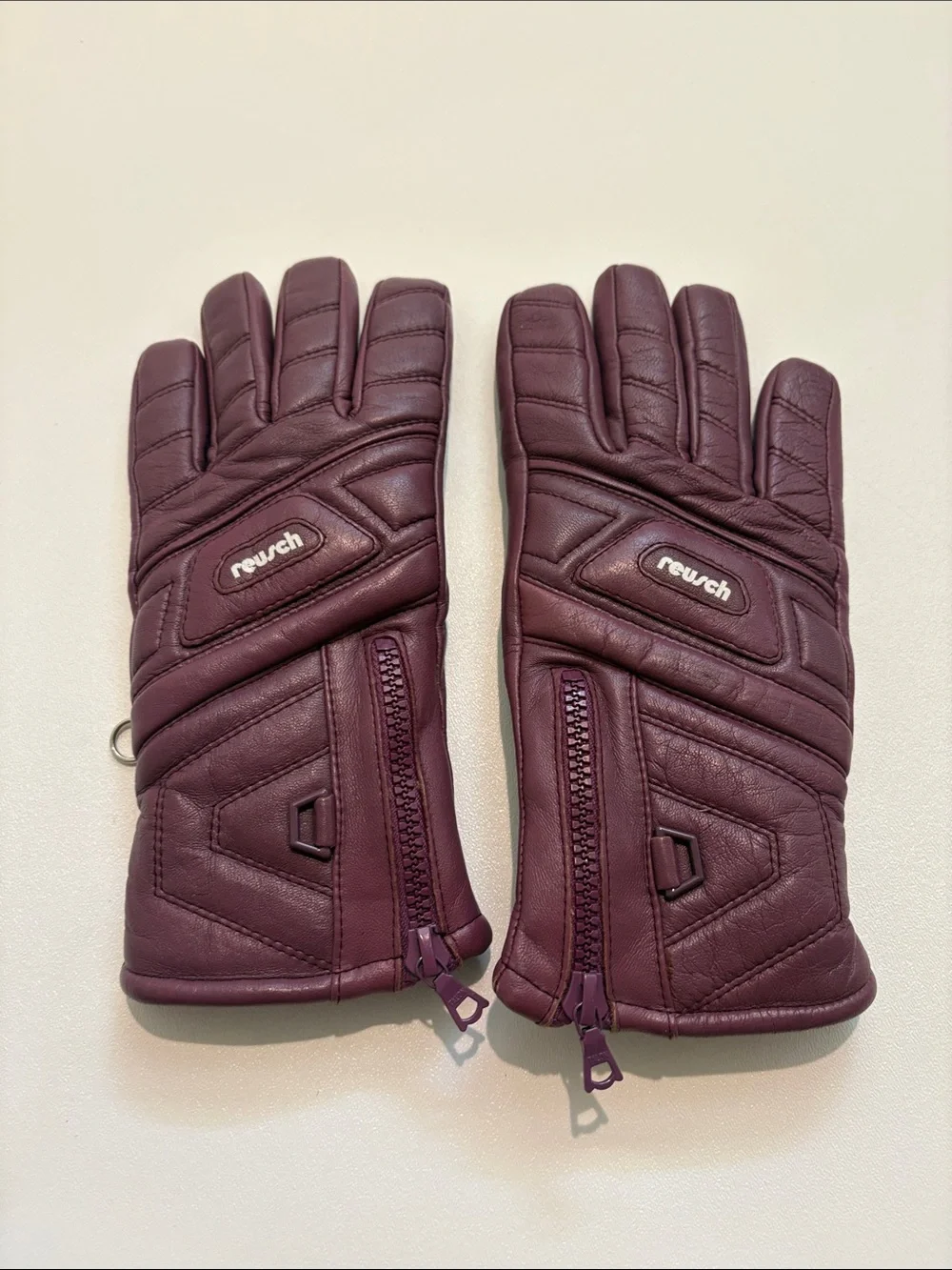 Reusch Women's Quilted Leather Ski Gloves in Burgundy