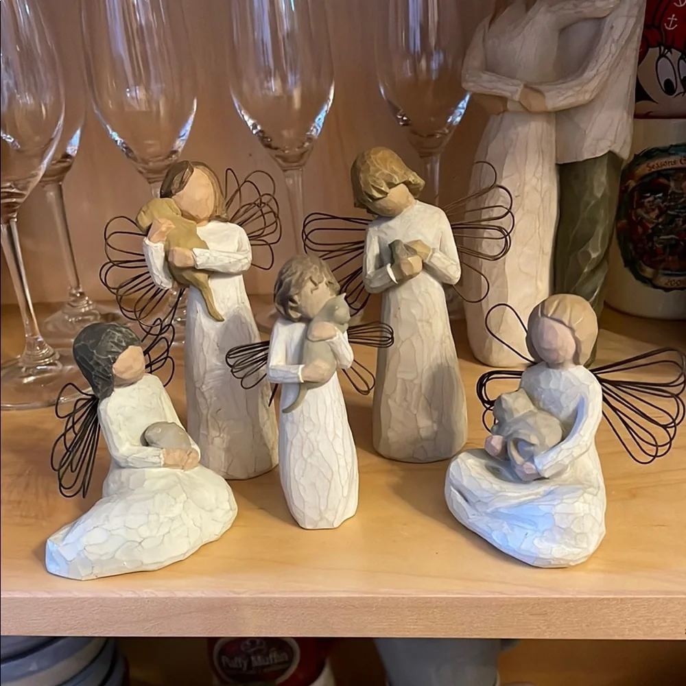5 Willow Tree Angel Figurines Set for Animals lovers, pets collection