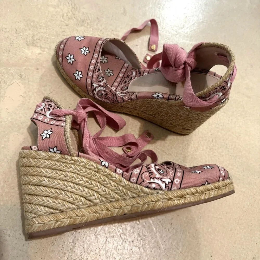 Stuart Weitzman Sandals Wedge Espadrille Bandana Print Pink Women sz 8.5