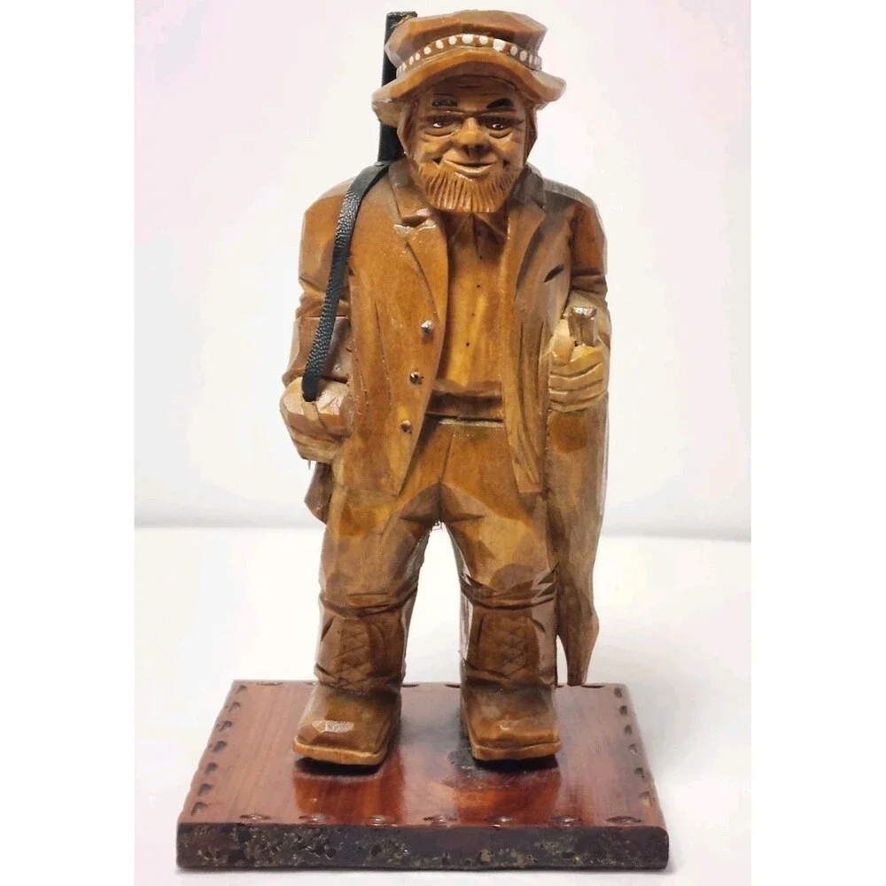 Vintage 1970's Hand Carved Wooden Hunter With Pheasant 12'' Figurine MCM