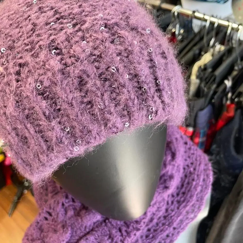 Purple sequin knit beanie