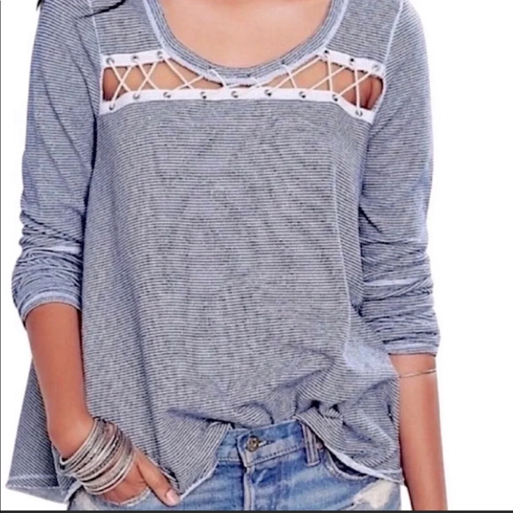 Free People Lacey Love Pullover Top Long Sleeve Blue White Stripe Size XS