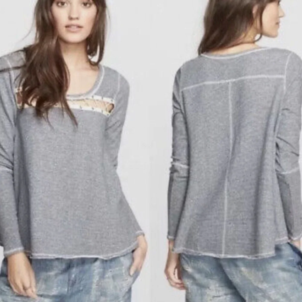 Free People Lacey Love Pullover Top Long Sleeve Blue White Stripe Size XS