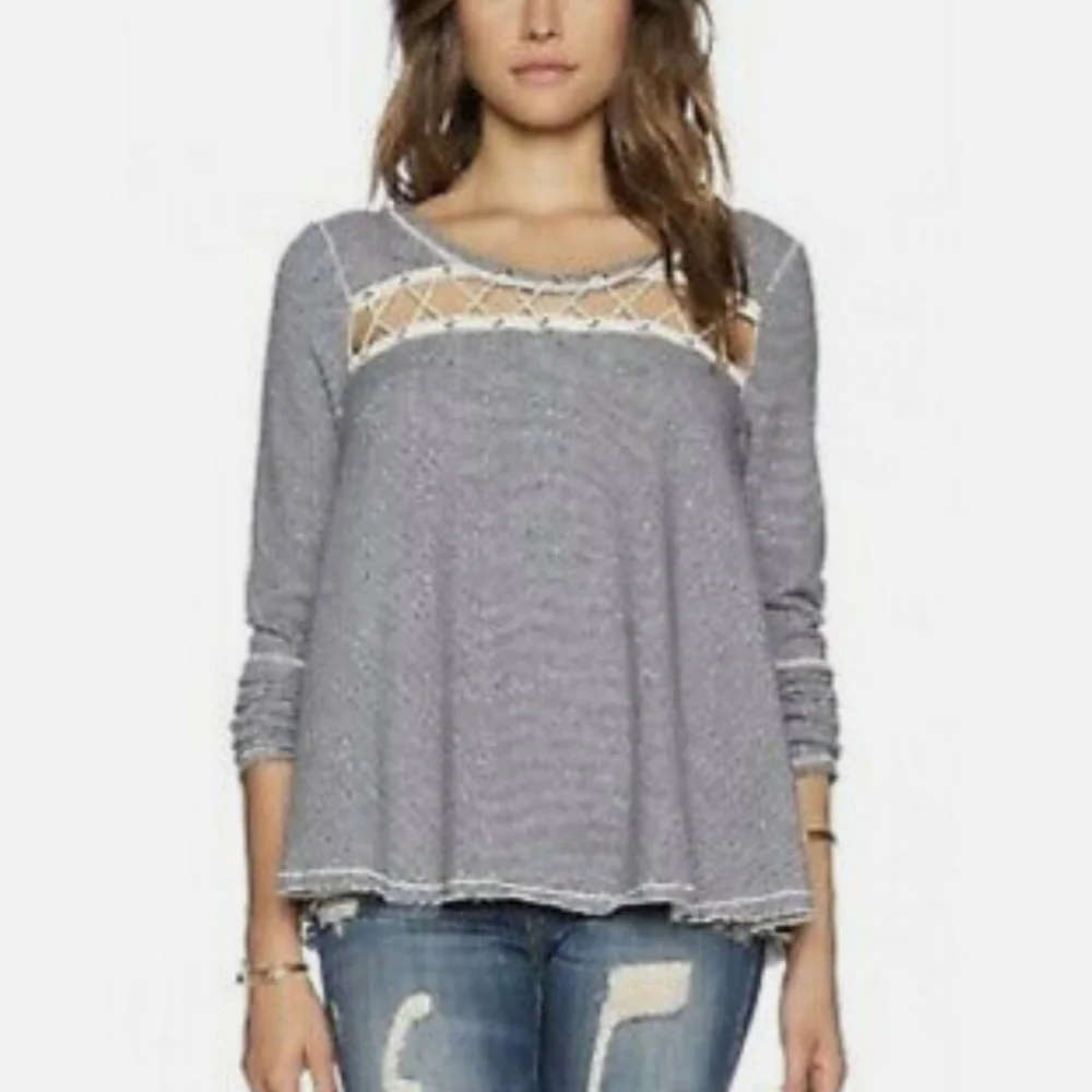 Free People Lacey Love Pullover Top Long Sleeve Blue White Stripe Size XS