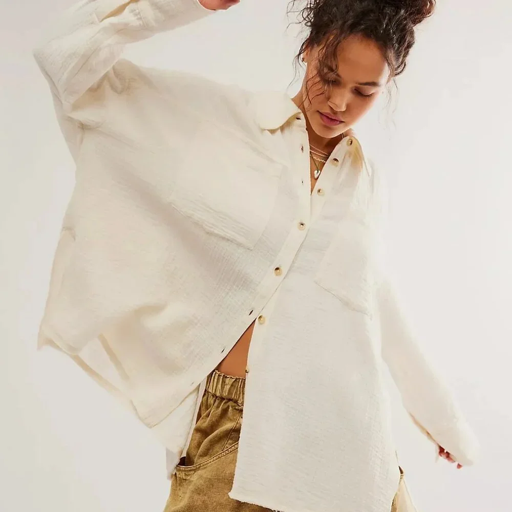 new Free People Cardiff 100% Cottone  GAUZY!  Button-Down Shirt Tunic 3Y2 267
