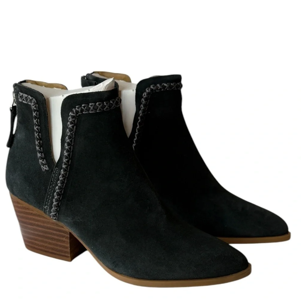 Dolce Vita Dylan Notch Side Suede Ankle Bootie Dark Gray Heel Leather Boots 6.5