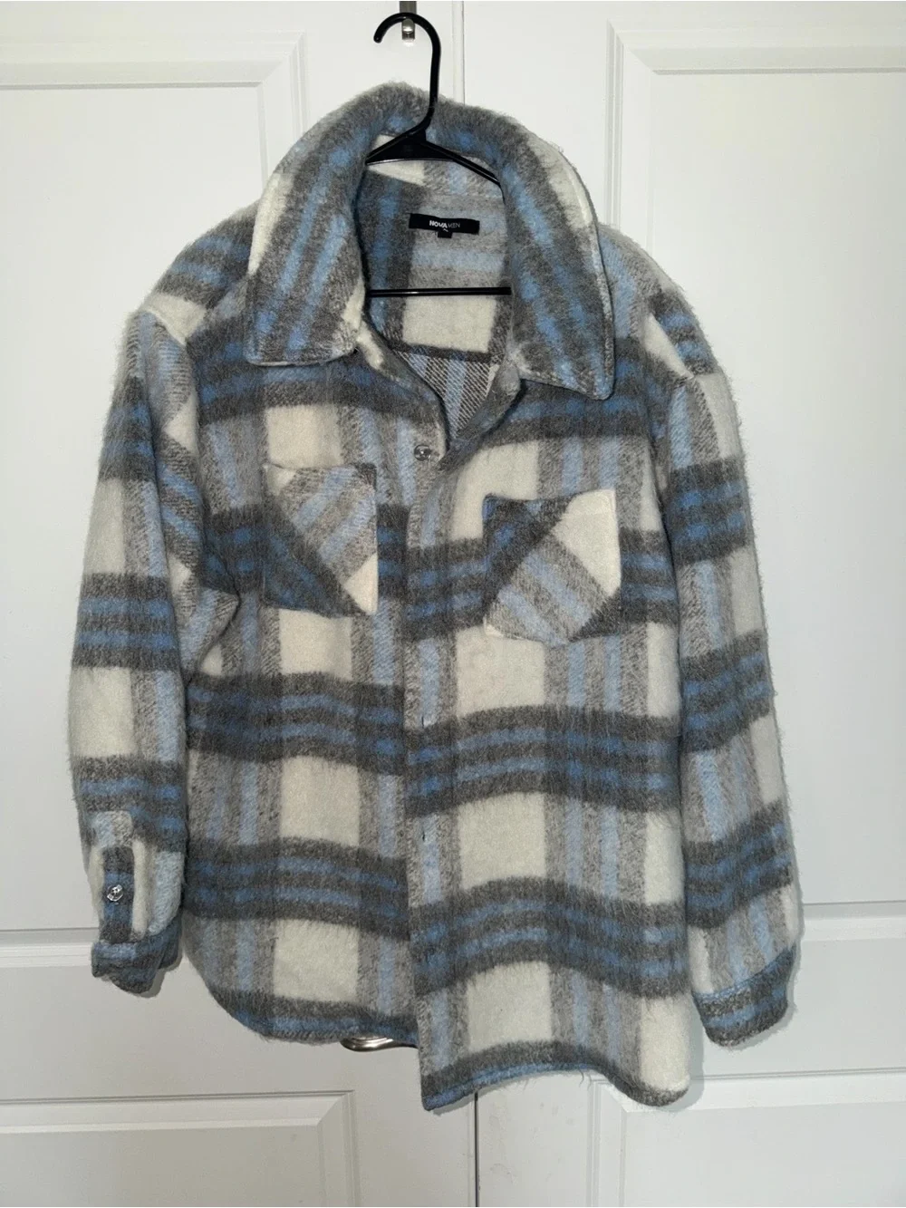 Fashion Nova Cream, Gray & Light Blue Plaid Shacket