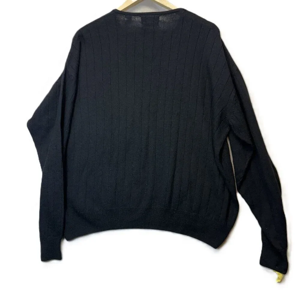 Methodé Extra Fine Merino Wool V-Neck Sweater Men’s Large Black Ribbed Knit