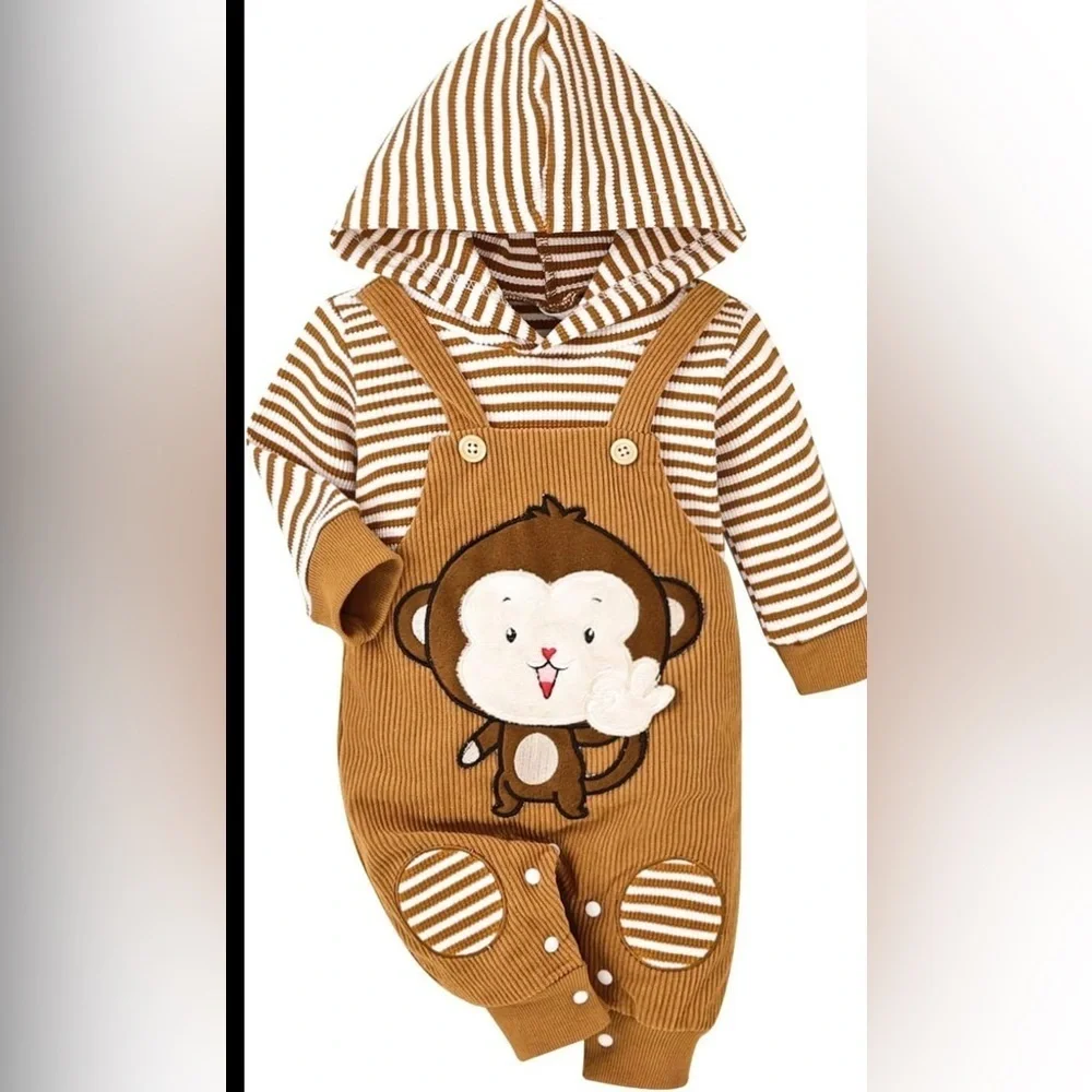 baby unisex corduroy overall set monkey appliqué. hoodie striped size 0/3 M