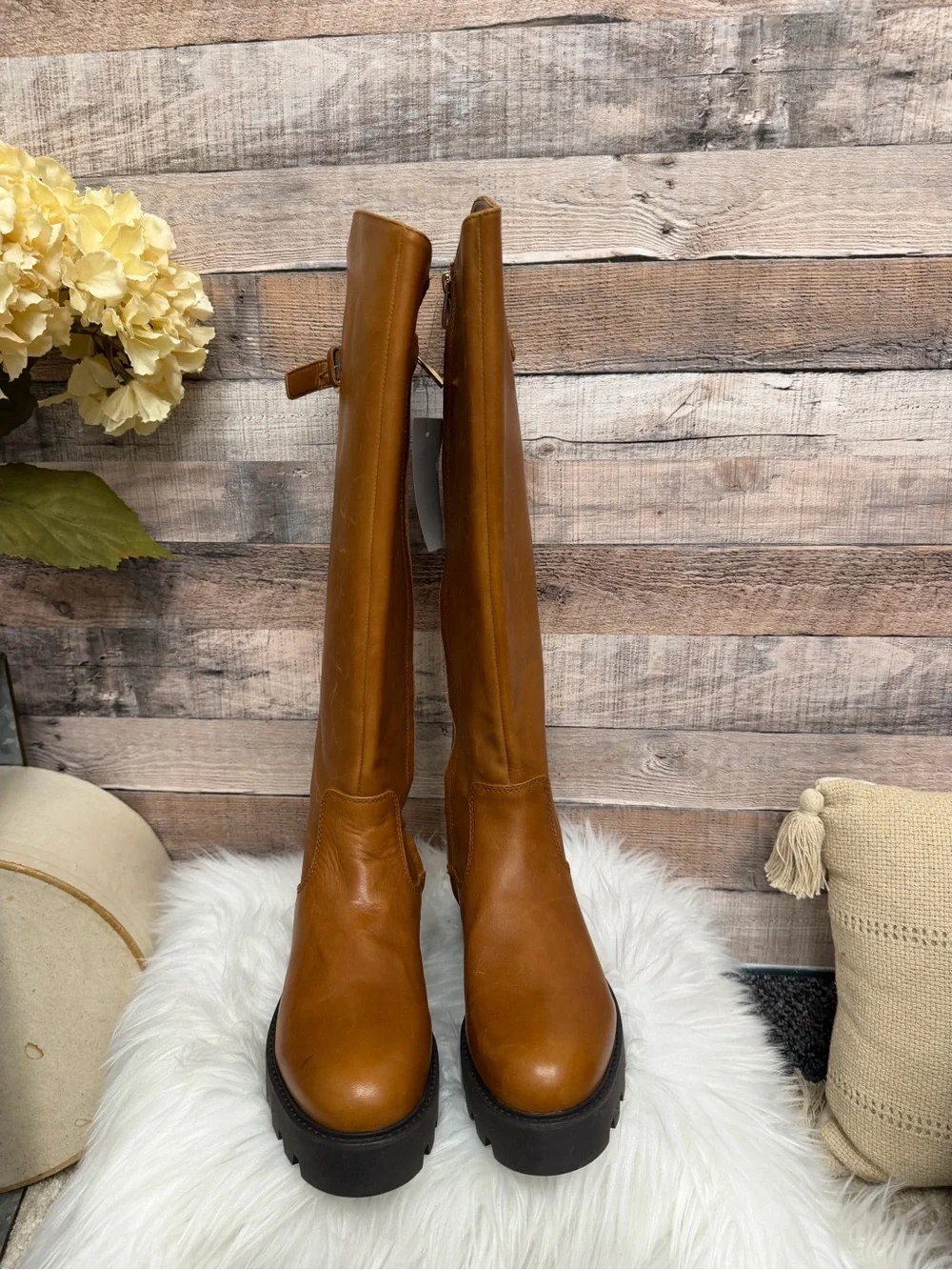 Franco Sarto Tall Platform Ankle Boots in Cognac Brown