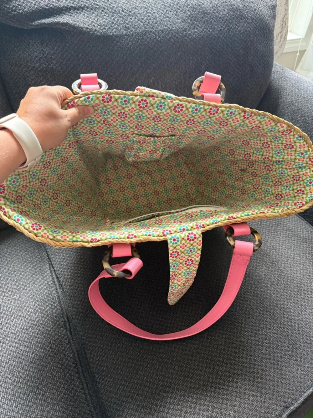 Vera Bradley Pink Paisley Straw Tote with Multicolor Trim