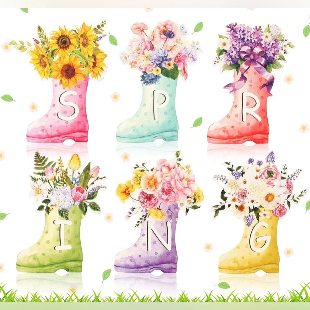 Spring Wooden Block Sign, 6Pcs Wooden Tabletop Spring Signs Flowers Decor