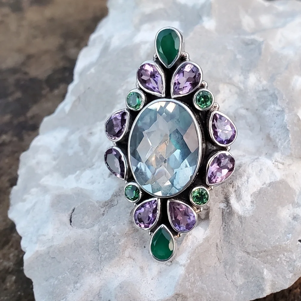 Nicky Butler Aqua Quartz Amethyst Chalcedony 925 Sterling Silver Size 10.5 Ring