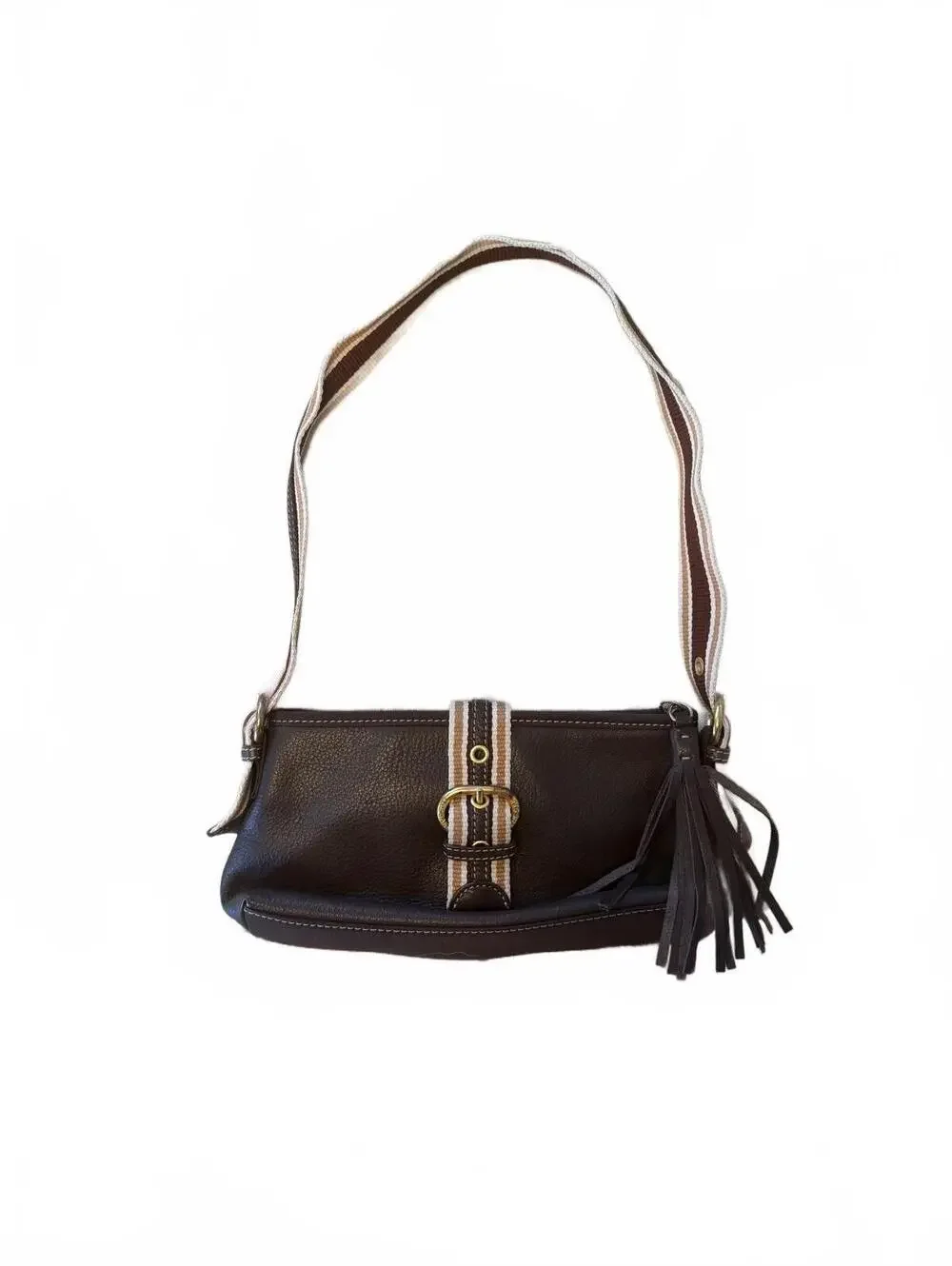 The Sak Brown Leather Shoulder Bag with Striped Strap and Tassel