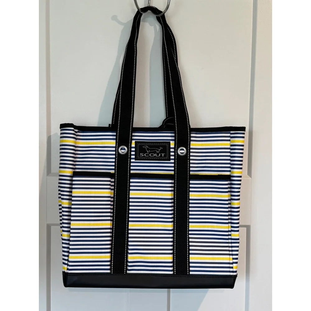 SCOUT BJ Bag Large Utility Tote Navy White Yellow Striped Multi Pocket Beach Bag