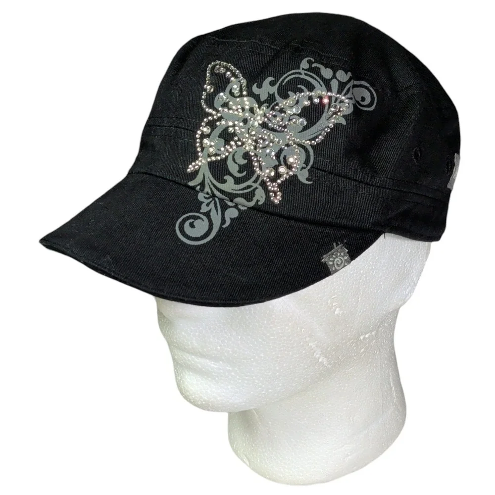 Del Sol Hat Womens Butterfly Sparkle Logo Black Adjustable Casual Y2K Bling