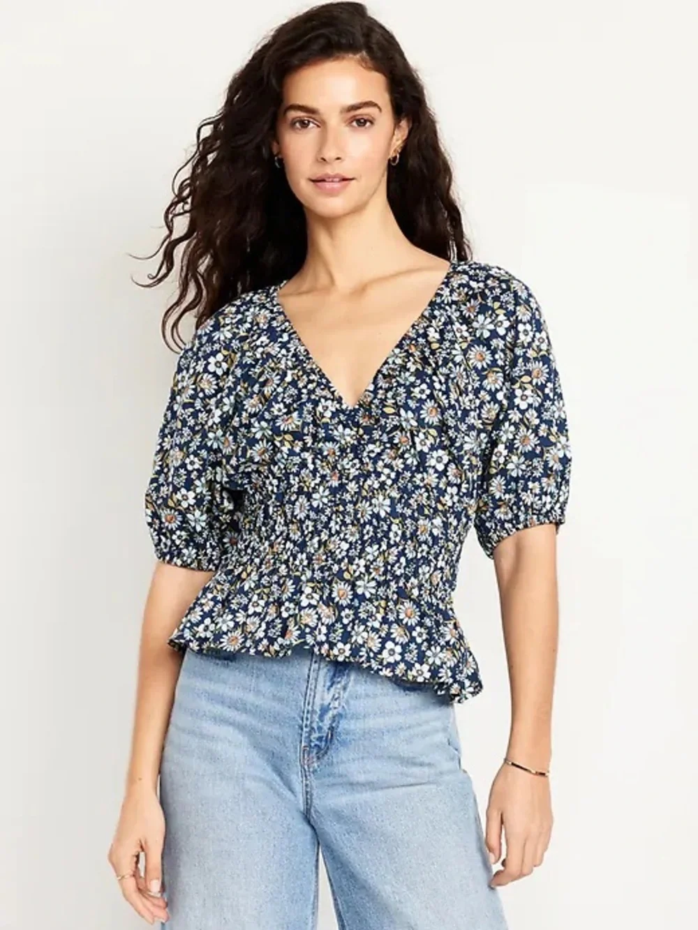 Old Navy Smocked Floral V-Neck Peplum Top - Navy Daisy