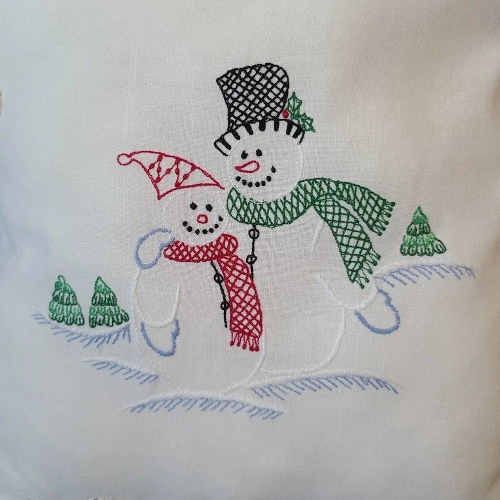 Christmas Snowmen Embroidered Throw Pillow Gold Cord Embellished Scalloped Trim