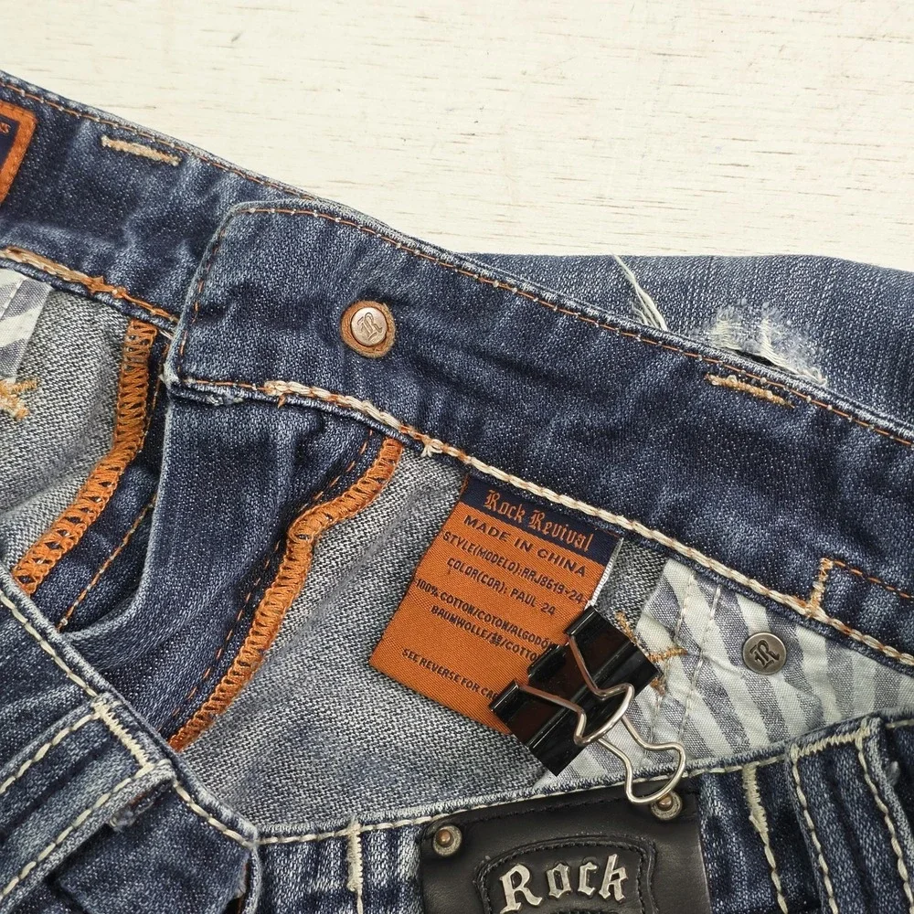 Rock Revival Paul Straight Jeans Men's 32x29 Distressed Dark Wash Thick Stitch