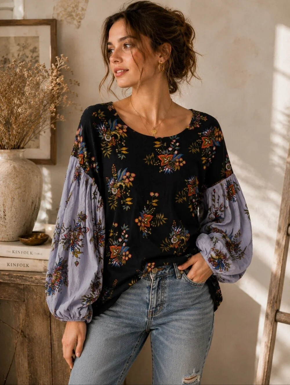 LOFT Floral Balloon Sleeve Blouse Dark Boho Peasant Top XS