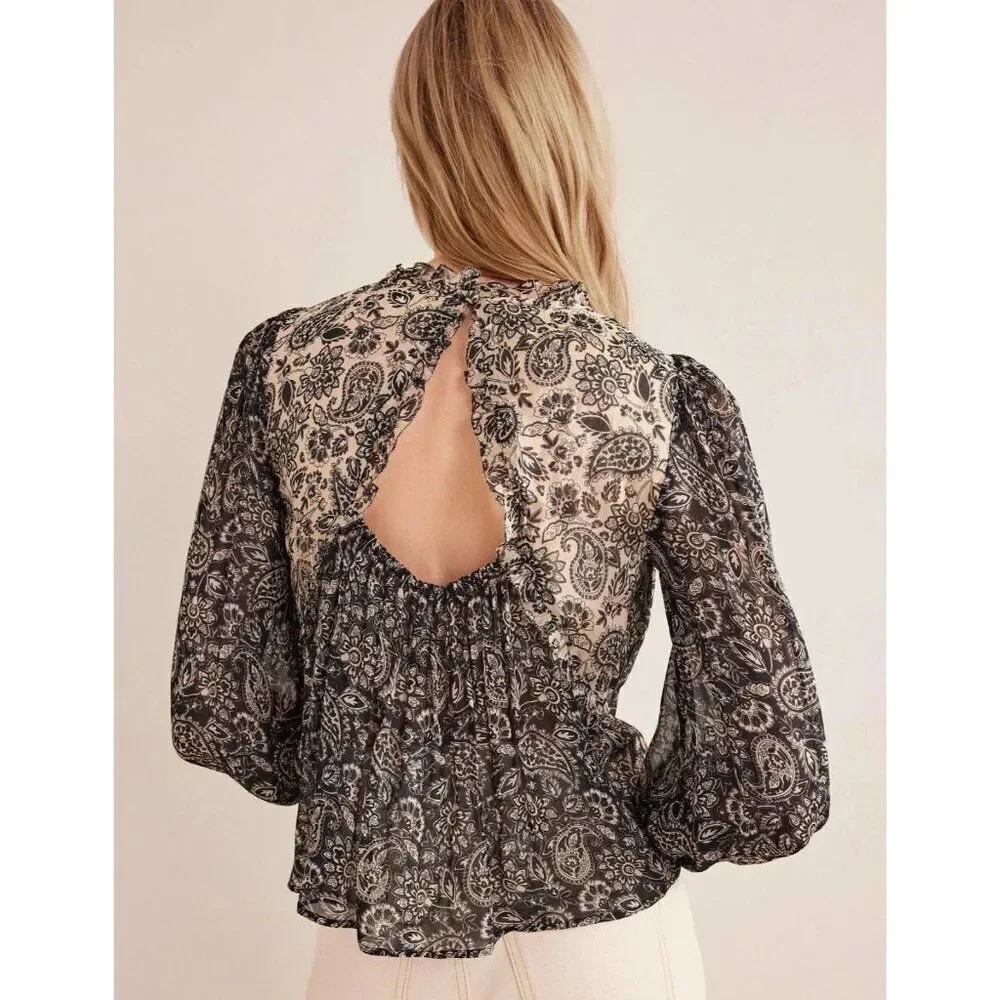 Boden Womens Swing Top UK 14 US 10 Black Paisley Ruffled Cottagecore T1231 NWT