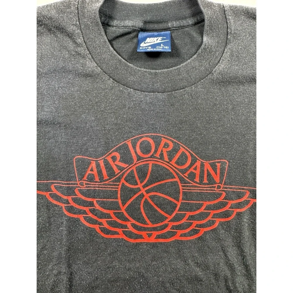 Vintage Nike Air Jordan Wings T-Shirt Boys L Faded Black Red 80s 90s Made USA