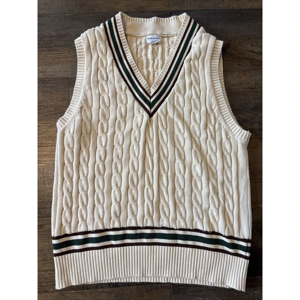 Spier & Mackay Sweater Vest Men Xl Beige Cable Knit Cricket Tennis Cotton