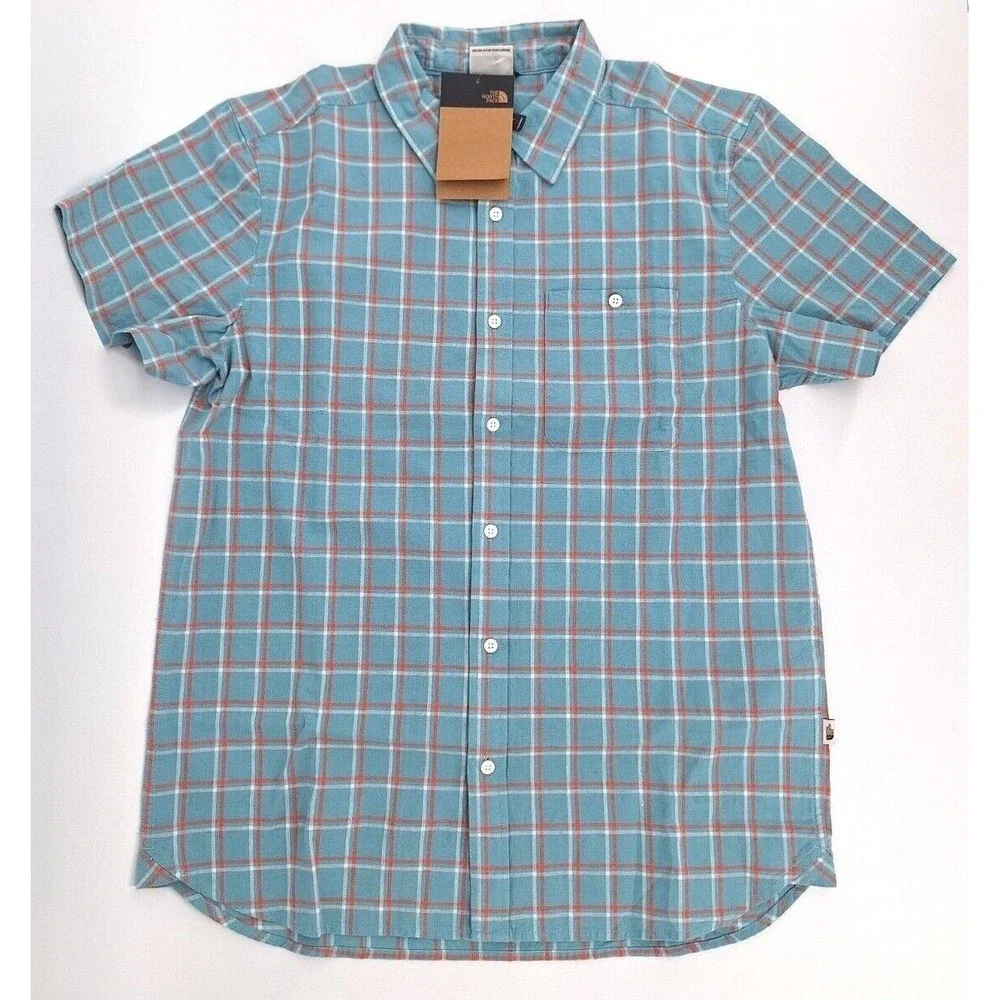 The North Face Loghill Shirt Mens Small Reef Waters Plaid Cotton Hemp Blend NWT