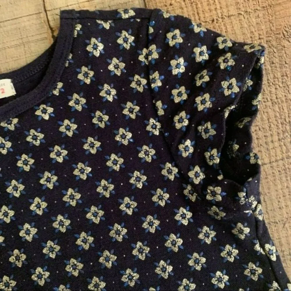 Crewcuts Dress 2T Navy Blue with silver metallic flowers