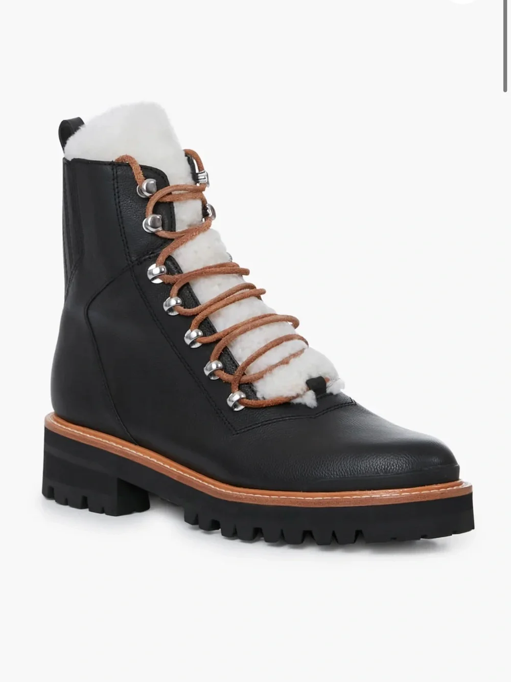 Marc Fisher Black Leather Shearling-Trim Lace-Up Ankle Boot