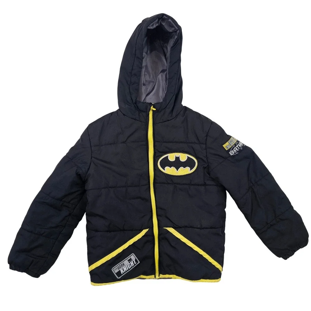 Batman The Dark Knight Boys Puffer Jacket Black Yellow‎ Hooded Size 6/7 Small