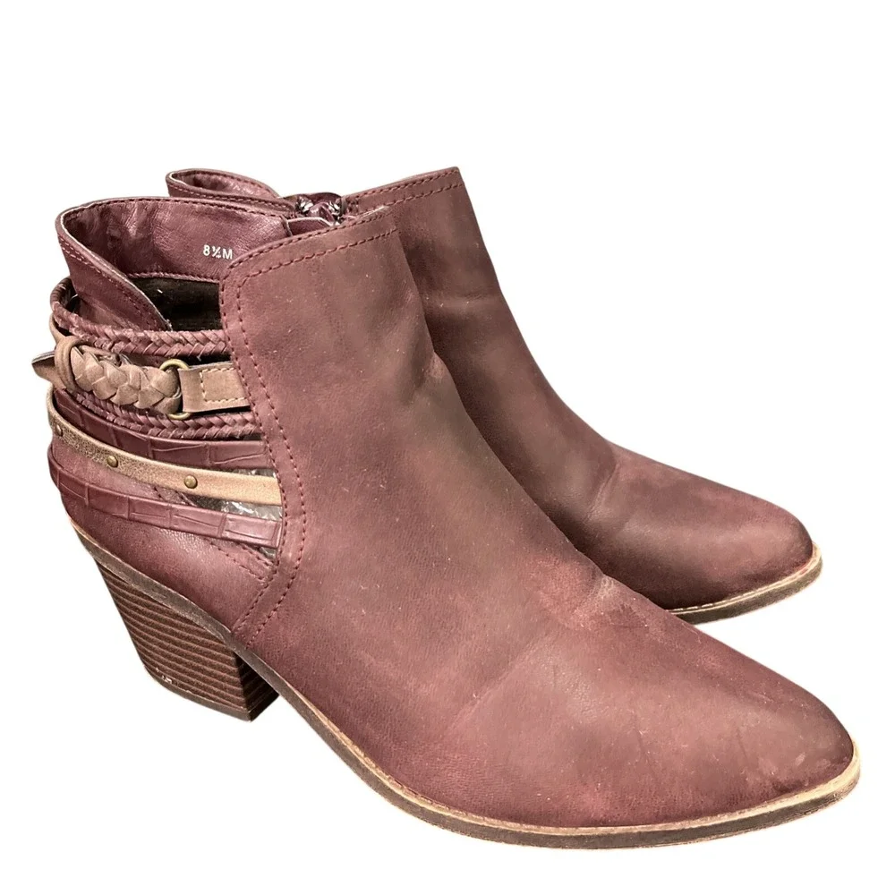 Maurices Womens Sz 8.5‎ Ankle Boots Brown Red Point Toe Western Braided Strap