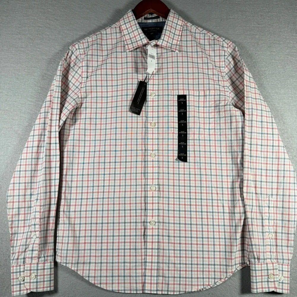 Banana Republic Mens Slim Untucked Fit Organic Cotton Plaid Shirt Red White S
