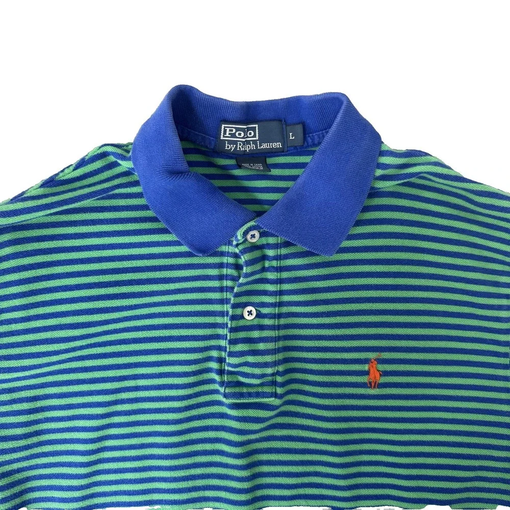 VTG Polo Ralph Lauren Polo Shirt Mens Large Blue Green Stripe Pique Casual Logo