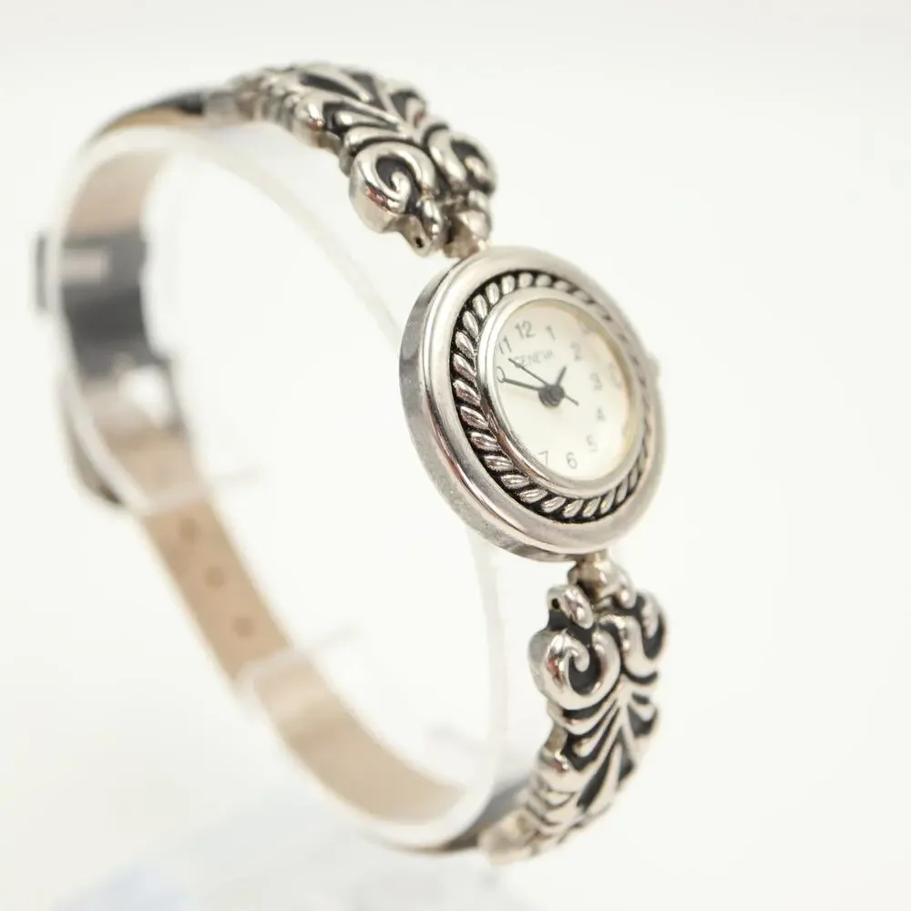 Vintage Geneva Silver Tone Patina 26mm Womens Watch Victorian w New Battery