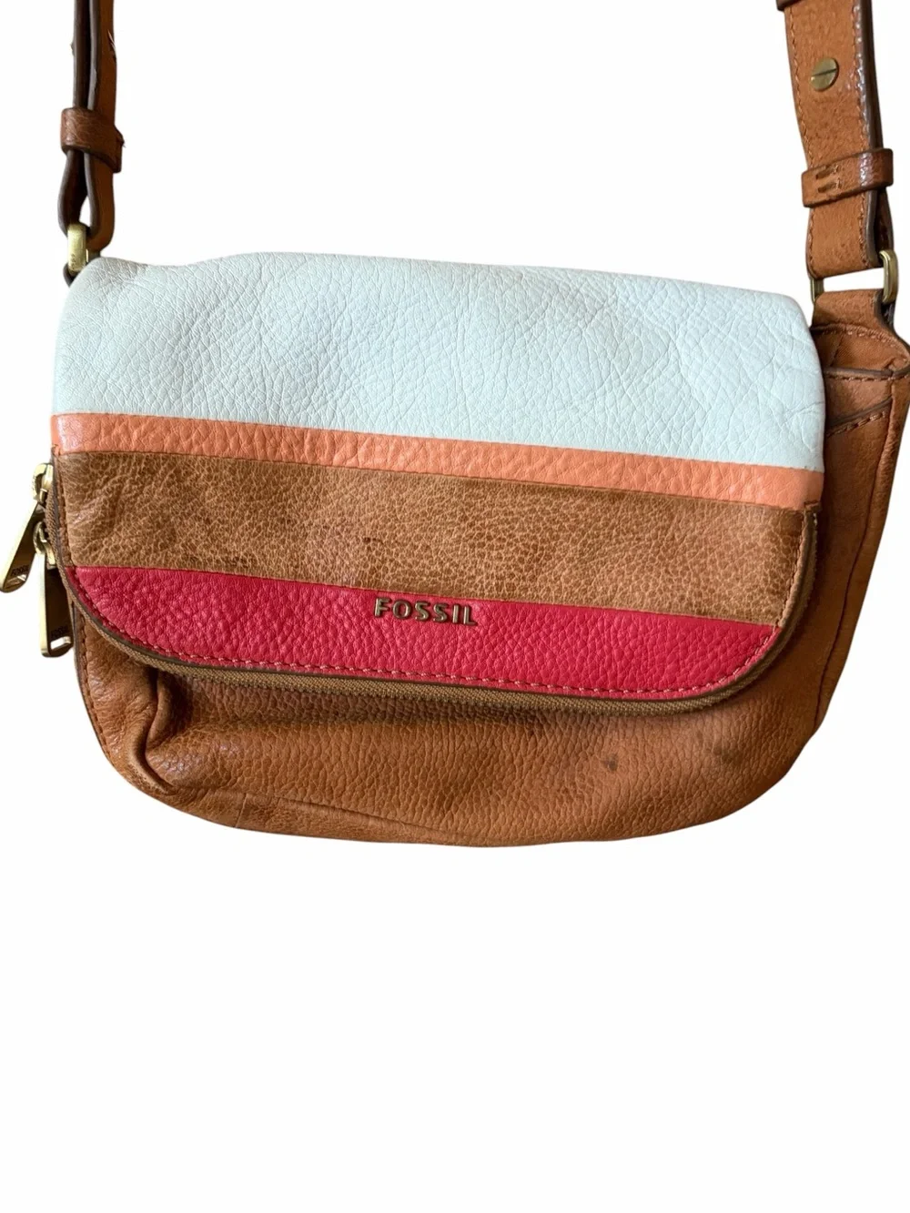 Fossil Preston Small Flap Crossbody Leather Bag Pink Red Brown Ivory‎ Striped