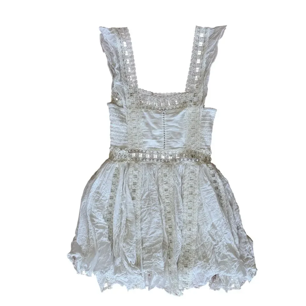 Free People White Raw Hem Fairy Lace Square Neck Mini Dress Cottage Whimsygoth
