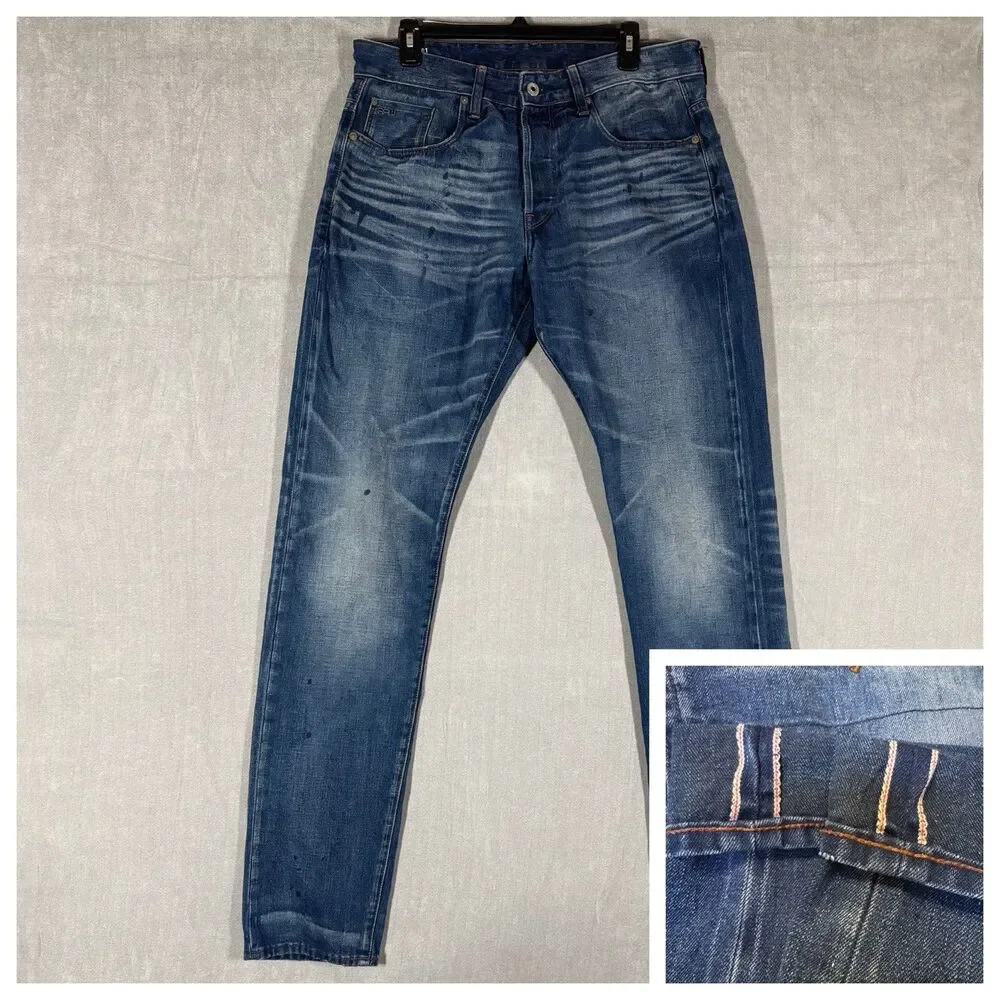 G-Star 3301 TAPERED RL Selvedge Medium Wash Dark Splatter Jeans Size W34 L36