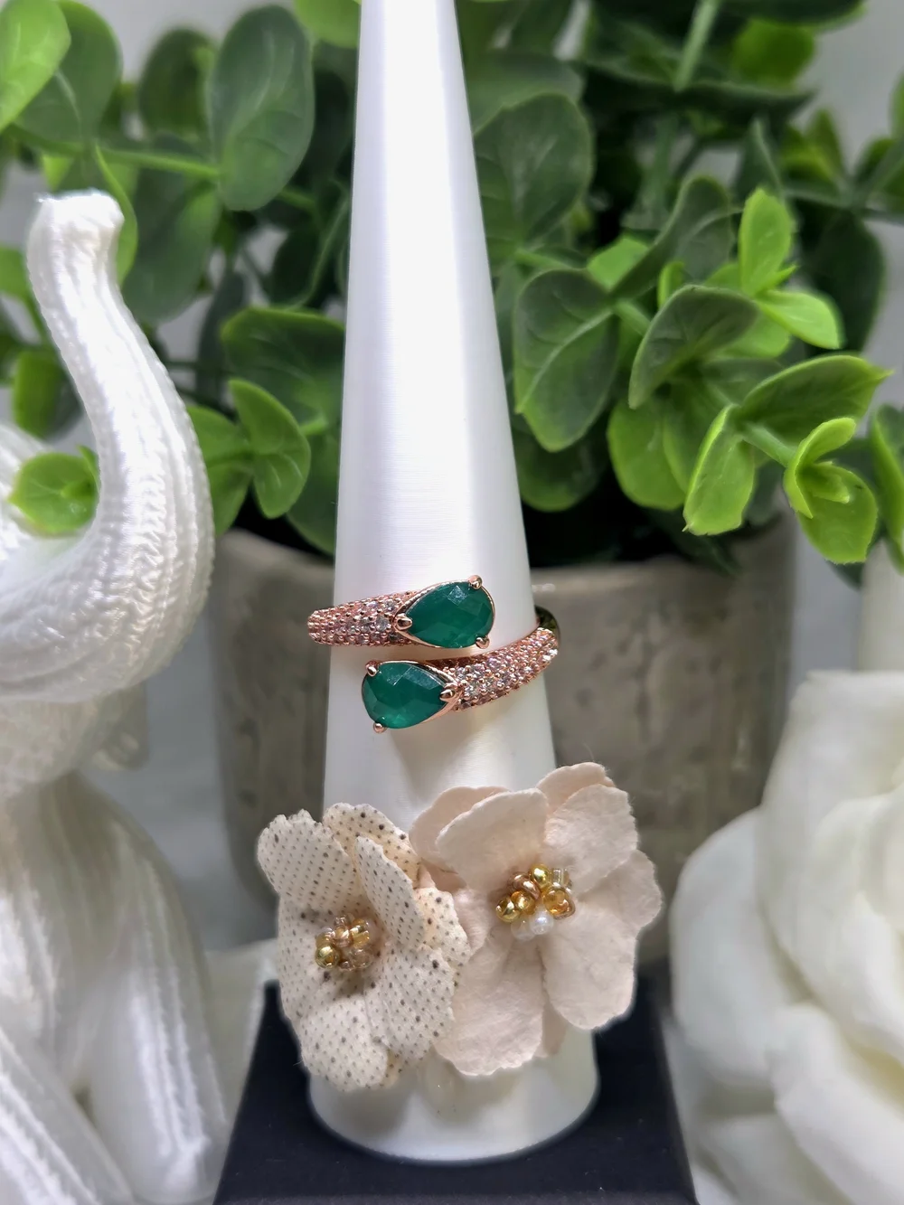 BP Rose Gold Double Teardrop Emerald Ring