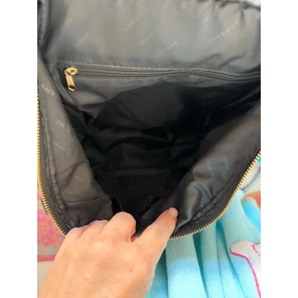 Versace Parfums Mens Faux Leather Black Backpack with Gold Details Modern