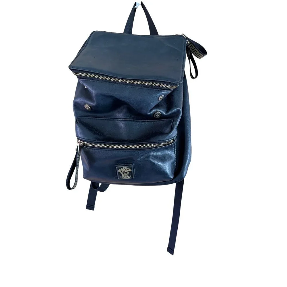 Versace Parfums Mens Faux Leather Black Backpack with Gold Details Modern