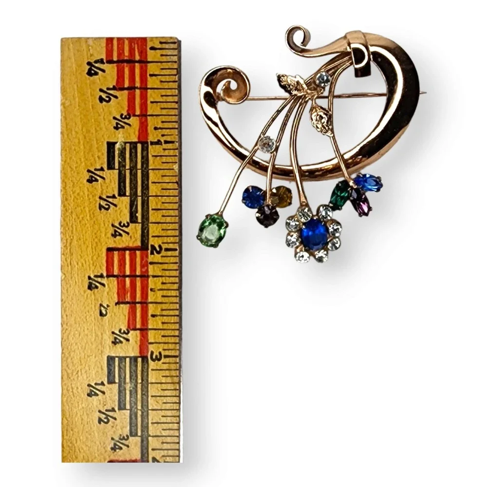 Vintage Sterling Silver Gold Vermeil Coro Craft Jeweled Rhinestone Brooch Pin