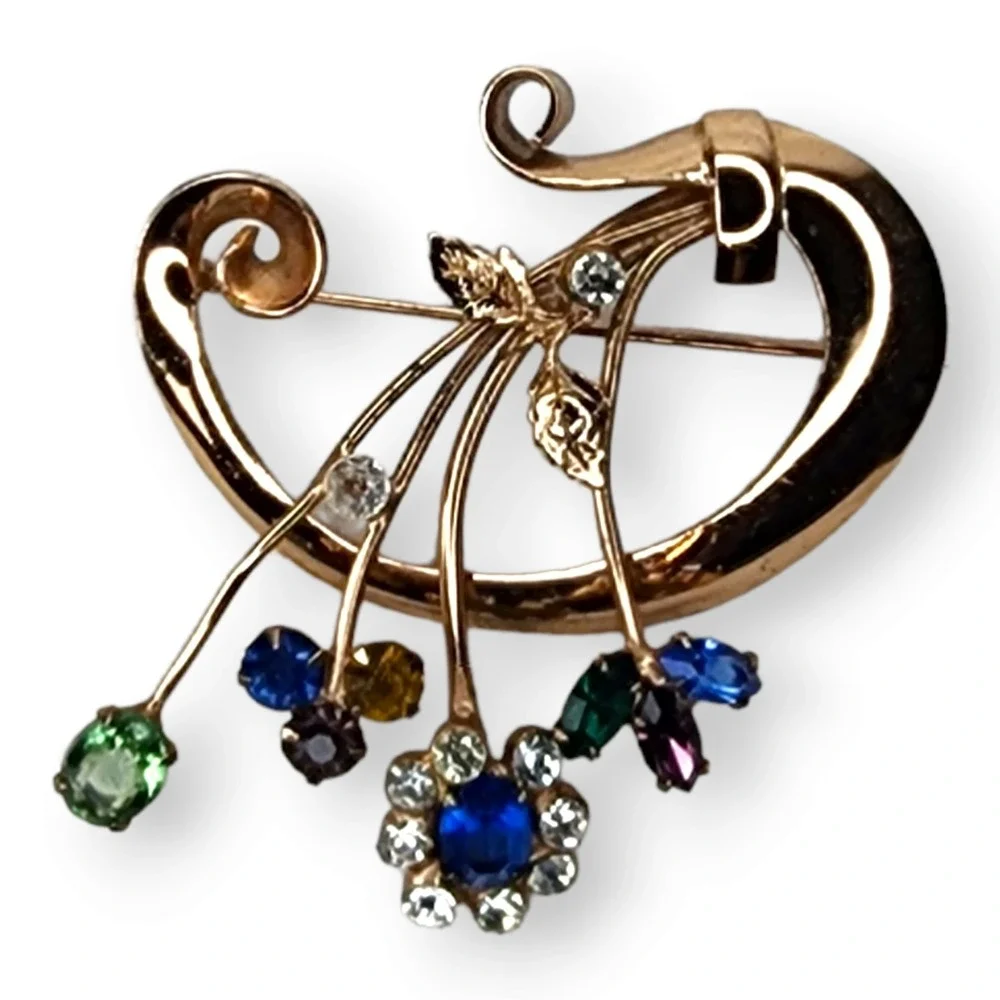 Vintage Sterling Silver Gold Vermeil Coro Craft Jeweled Rhinestone Brooch Pin