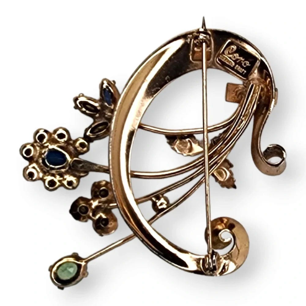 Vintage Sterling Silver Gold Vermeil Coro Craft Jeweled Rhinestone Brooch Pin