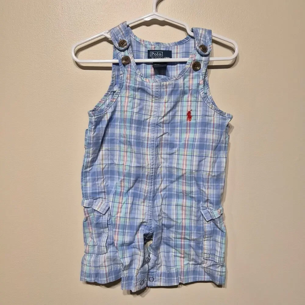 Polo by Ralph Lauren Shortall 9 Month Blue Plaid 100% Cotton Romper Baby
