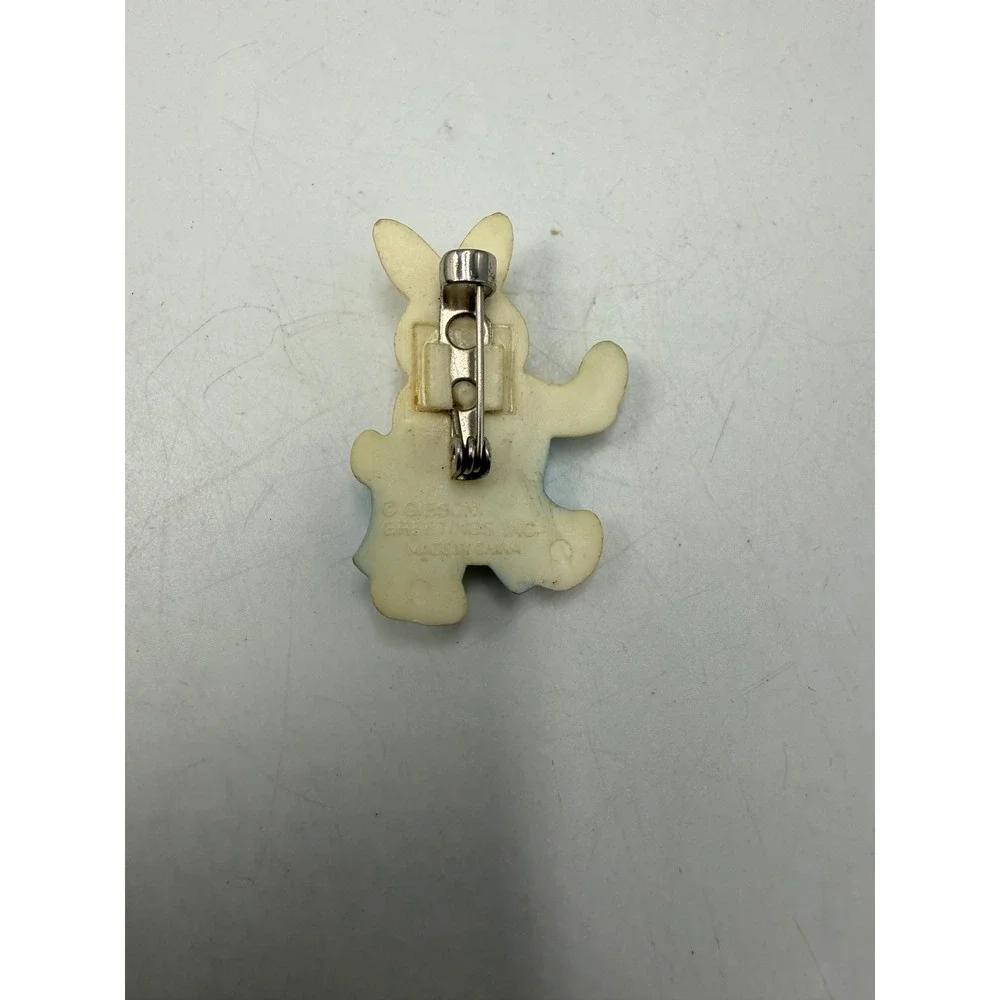 Vintage Gibson Greetings Easter Bunny Brooch Blue Overalls Plastic Holiday Pin