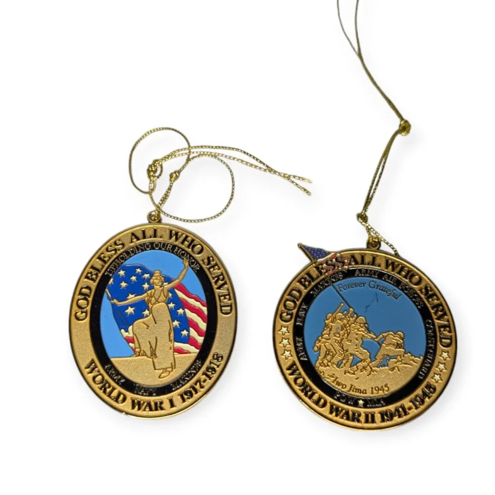 2003 Set of 2 World War 1 & 2 Gold Tone Metal Christmas Ornaments