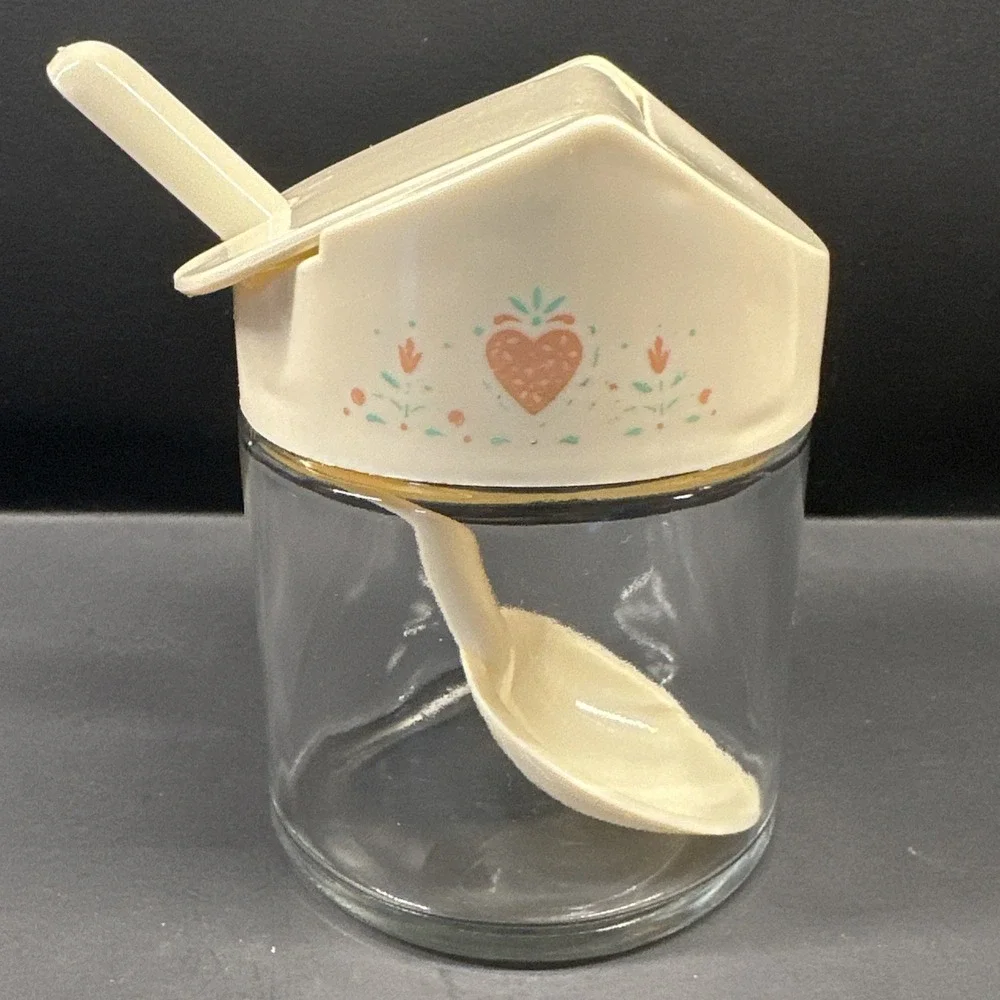 Vtg Corelle Gemco Forever Yours Heart Flip Top Spoon Glass Jar Sugar Jam Canistr